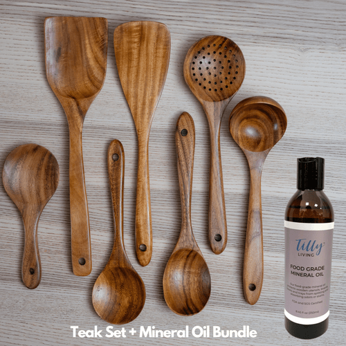 Teak Utensil Set + Mineral Oil Bundle